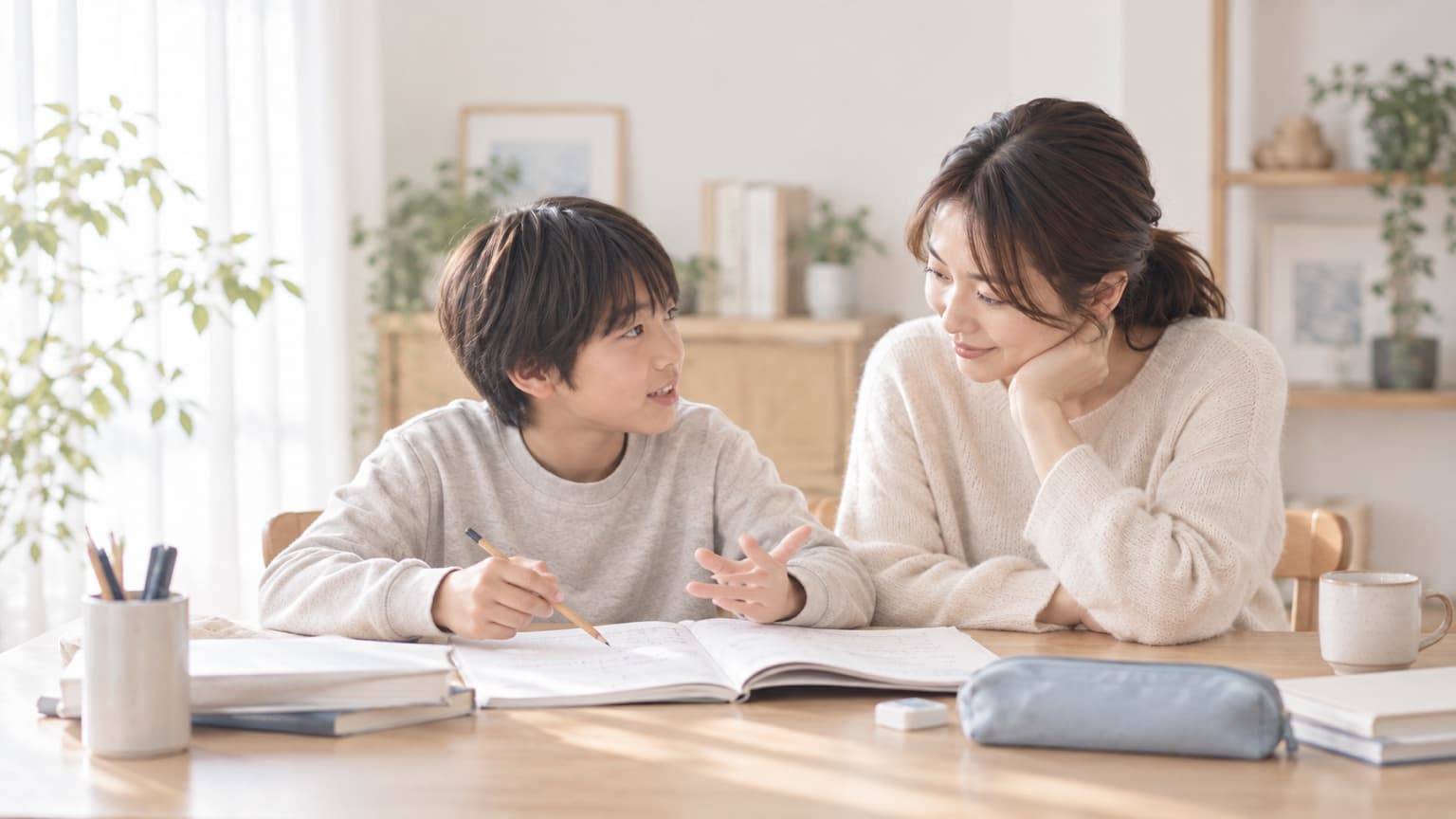 子どもの話を聞きながら、家庭での学びに寄り添う母親