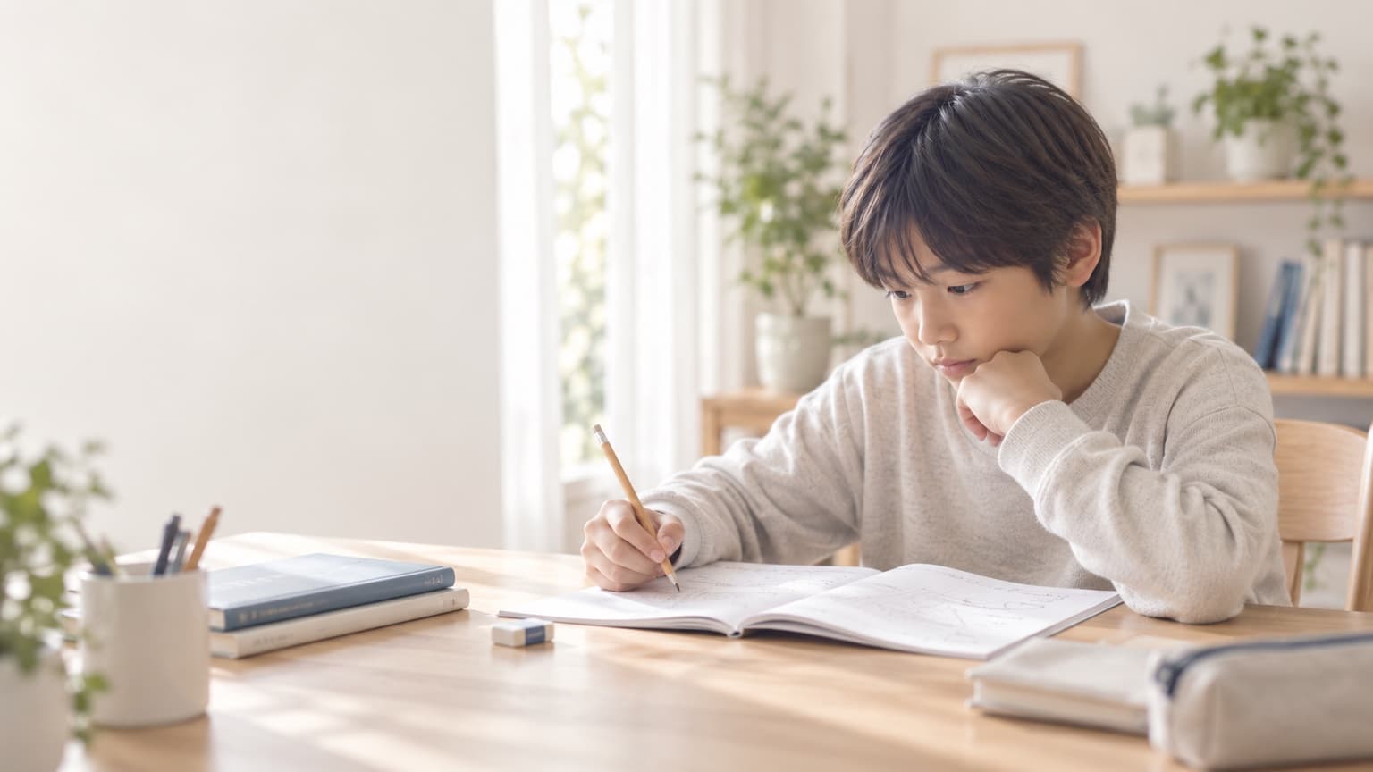 家庭でノートを開いて、問題の解き方を考える子ども